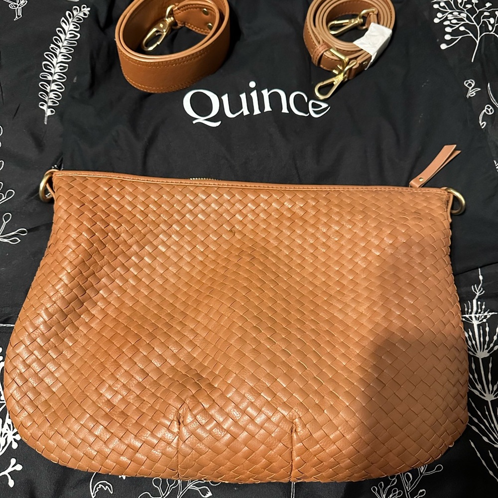 Quince Cognac Italian Leather Convertible Crescent Handwoven Shoulder Bag